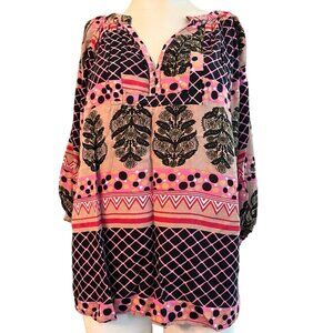 Ladies Large Pink V Neck 3/4 Sleeve Bohemian Blouse Polka Dot Floral Persaman NY